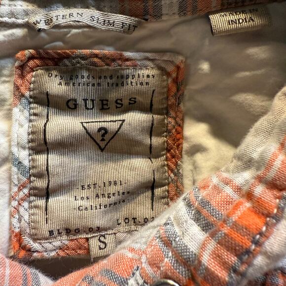 Guess Western Slim Fit Plaid Shirt, Orange and Gray Pearl Snaps, Women's Small - Picture 7 of 8